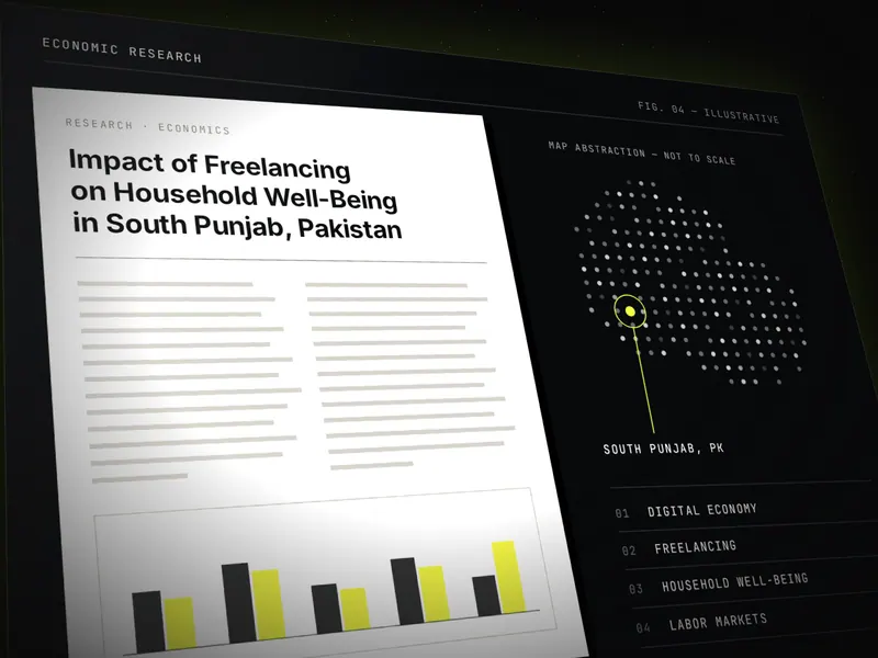 Angled view of a research paper on freelancing and household well-being beside an abstract dot map marked South Punjab.